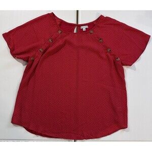 Ophelia Roe Red Polka Dot Blouse Womens 1X Button Detail Flutter Sleeve